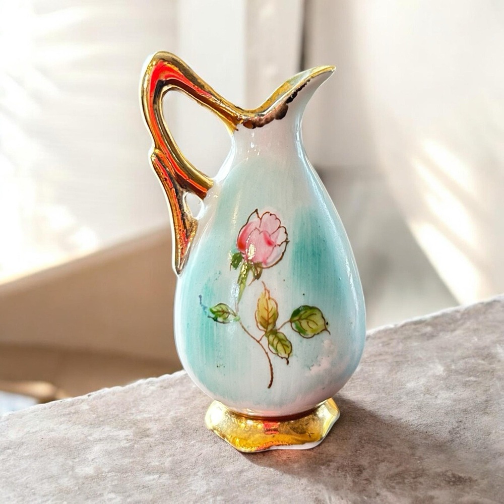 VINTAGE Ucagco Japan Ceramic Mini Vase Pitcher - Gold Accents - 2.75 inch